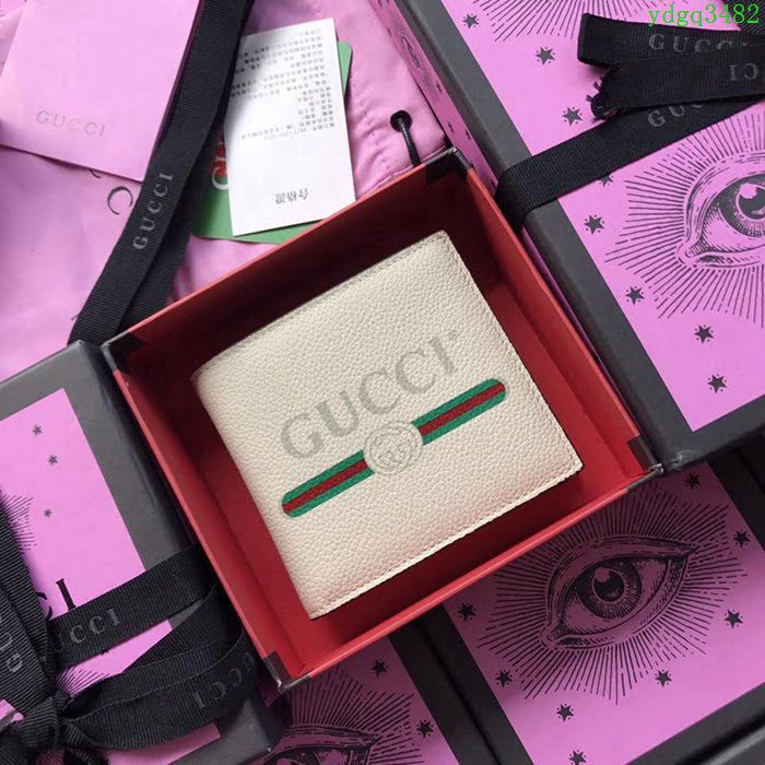 GUCCI古馳 新款 496309米白摔紋全皮 2018系列引流款 絲印標誌 織帶 摔紋牛皮Gucci短錢包  ydgq3482