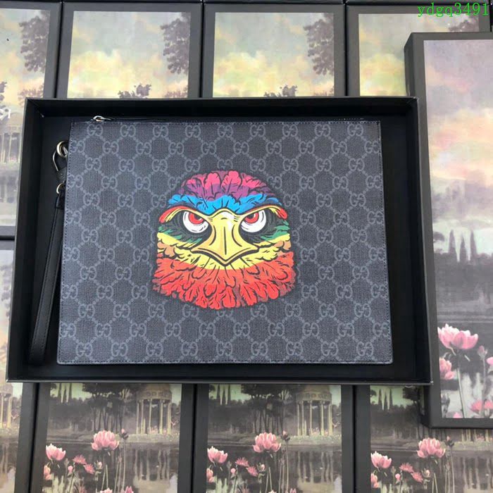 GUCCI古馳手包 新款 547084 印花GG 黑PVC鷹頭圖案 男士手拿包  ydgq3491