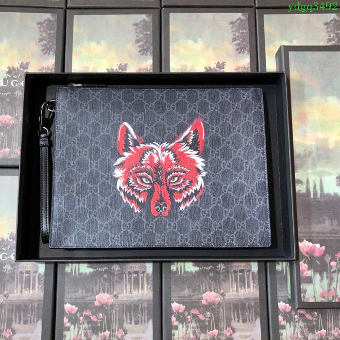 GUCCI古馳手包 新款 547084 印花GG 黑PVC狼頭圖案 男士手拿包  ydgq3492