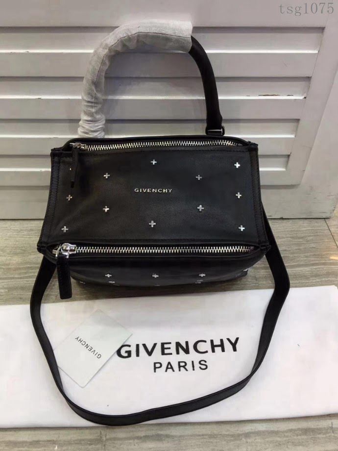 GlVENCHY紀梵希 潘多拉 黑色綿羊皮 銀色五金 100%純棉布 黑色 可手提 肩背  tsg1075