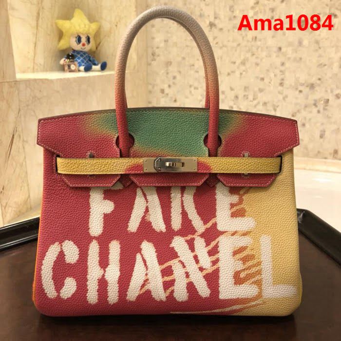 HERMES愛馬仕 30cm Birkin鉑金包 FAKE CHANEL 法國進口togo 彩繪獨立圖案 時尚手提包  Ama1084