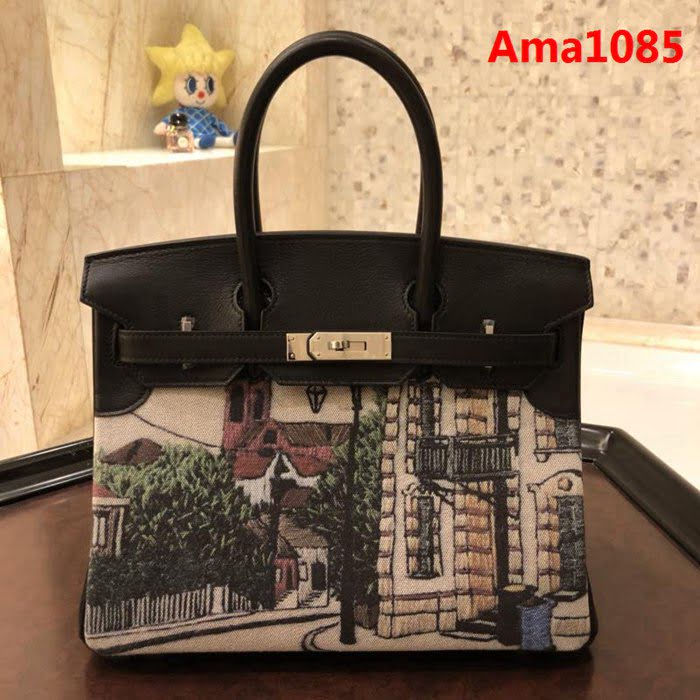 HERMES愛馬仕 30cm Birkin鉑金包 頂級蕾絲拼接皮 彩繪獨立圖案 時尚手提包  Ama1085