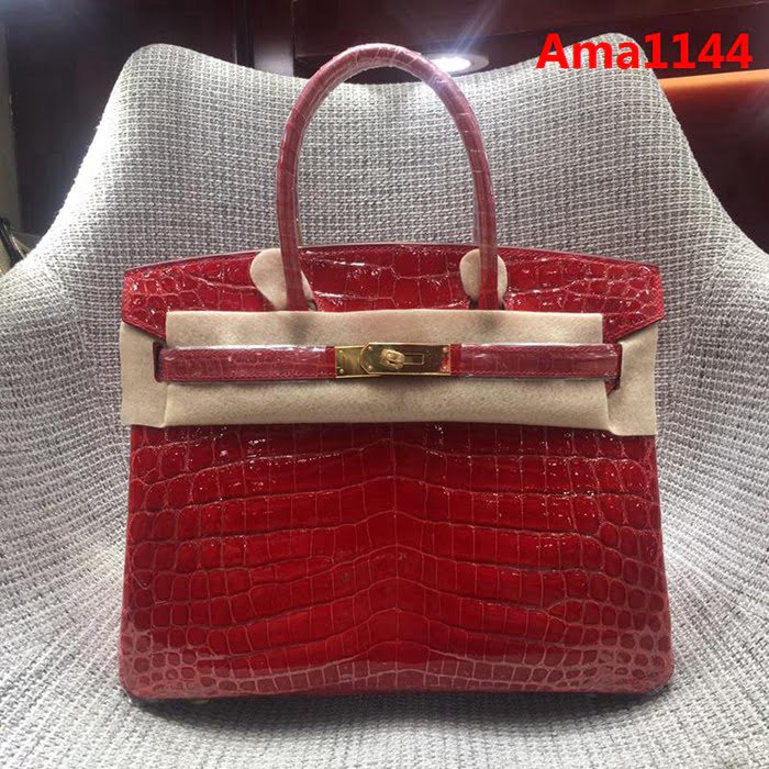 HERMES愛馬仕 鉑金包 Birkin 30cm 法拉利紅 金扣 進口鱷魚 老工匠 純手工縫製 時尚手提包  Ama1144