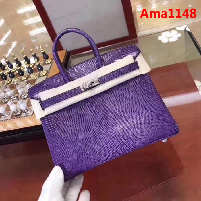 HERMES愛馬仕 鉑金包 Birkin 25cm 蜥蜴 Lizard leather 夢幻紫 銀扣 蠟線手縫 時尚手提包  Ama1148