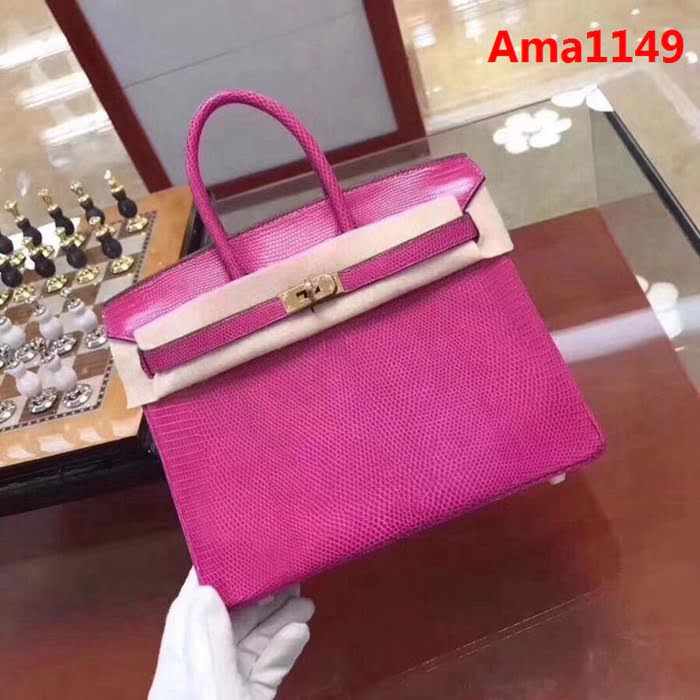 HERMES愛馬仕 鉑金包 Birkin 25cm 蜥蜴 Lizard leather 玫瑰紅 金扣 蠟線手縫 時尚手提包  Ama1149