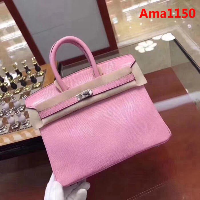 HERMES愛馬仕 鉑金包 Birkin 25cm 蜥蜴 Lizard leather 奶昔粉 銀扣 蠟線手縫 時尚手提包  Ama1150