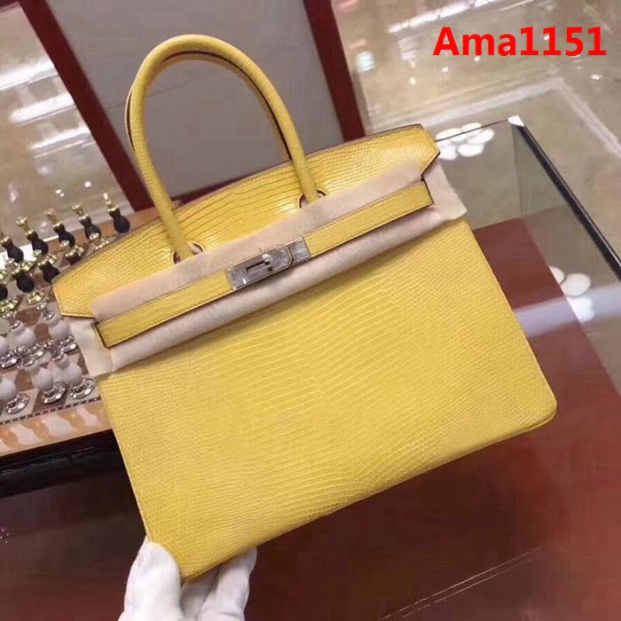 HERMES愛馬仕 鉑金包 Birkin 25cm 蜥蜴 Lizard leather 檸檬黃 銀扣 蠟線手縫 時尚手提包  Ama1151