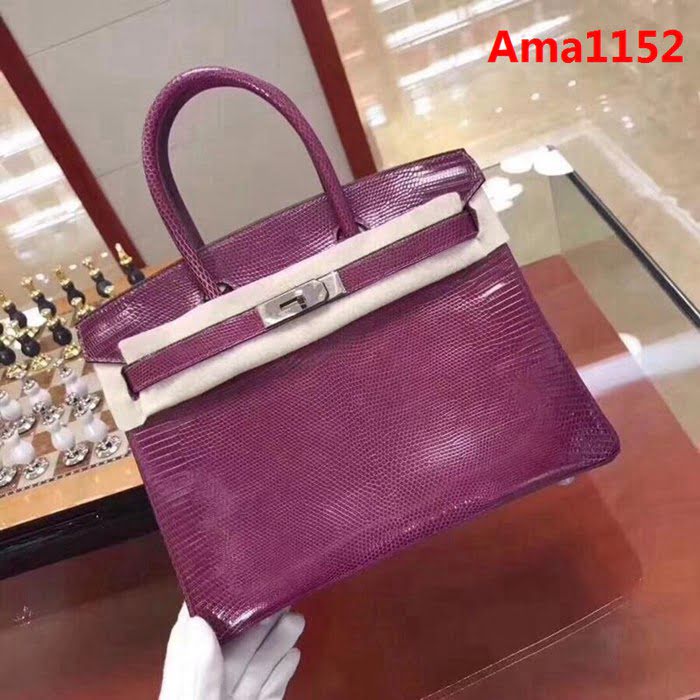 HERMES愛馬仕 鉑金包 Birkin 25cm 蜥蜴 Lizard leather 海葵紫 銀扣 蠟線手縫 時尚手提包  Ama1152