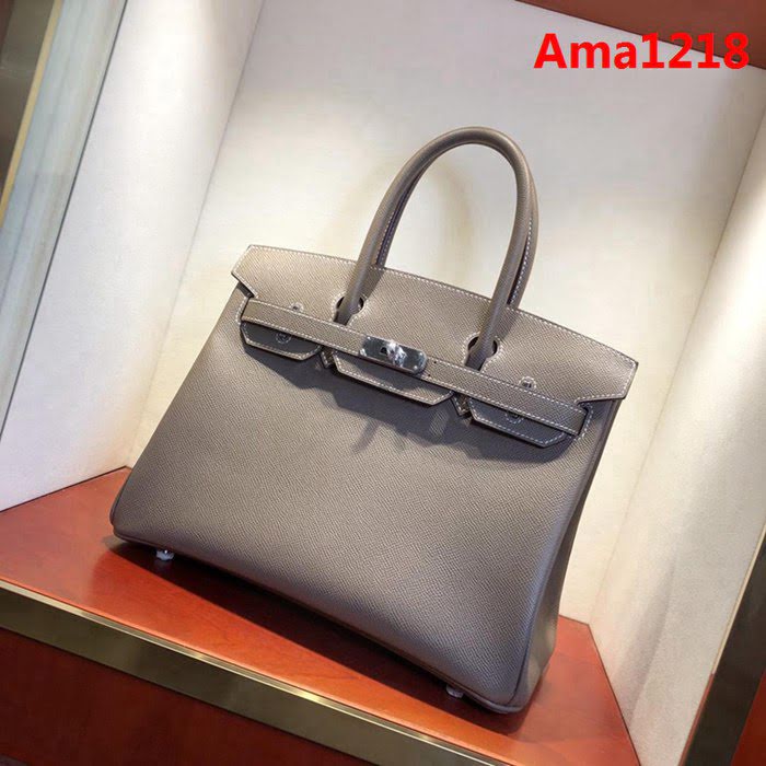 HERMES愛馬仕 鉑金包 Birkin 30cm Epsom 18 Etoupe 大象灰 銀扣 頂級工藝 全手工 蠟線縫製 時尚手提包  Ama1218