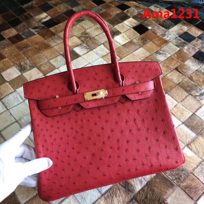 HERMES愛馬仕 鉑金包 Birkin 30 南非原產KK級鴕鳥皮 頂級工藝 大紅 手縫蠟線 手提包  Ama1231