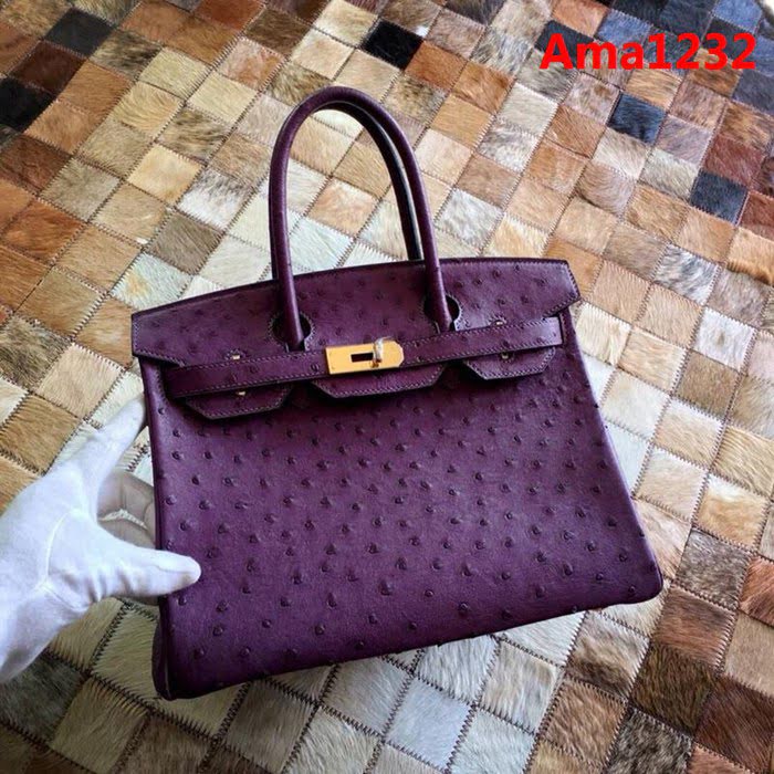 HERMES愛馬仕 鉑金包 Birkin 30 南非原產KK級鴕鳥皮 頂級工藝 紫色 手縫蠟線 手提包  Ama1232
