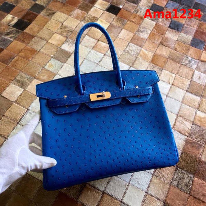 HERMES愛馬仕 鉑金包 Birkin 南非原產KK級鴕鳥皮 頂級工藝 希臘藍 手縫蠟線 手提包  Ama1234