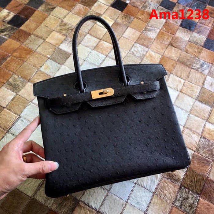 HERMES愛馬仕 鉑金包 Birkin 30 南非原產KK級鴕鳥皮 頂級工藝 黑色 手縫蠟線 手提包  Ama1238