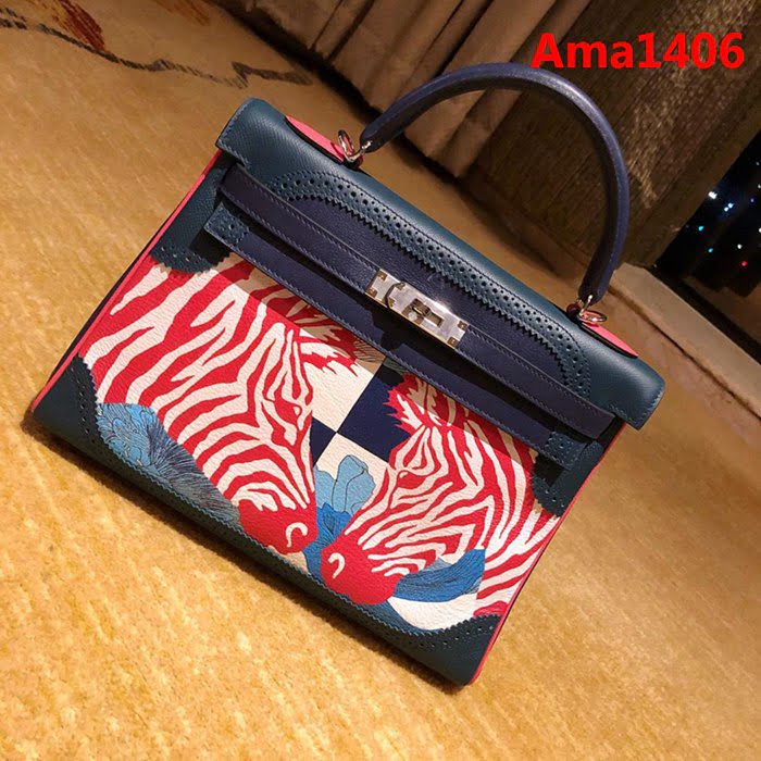 HERMES愛馬仕 凱莉包 kelly 32cm 拼接印花圖案 時尚手提包  Ama1406