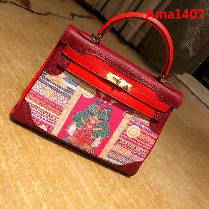 HERMES愛馬仕 凱莉包 kelly 32cm 拼接印花圖案 時尚手提包  Ama1407