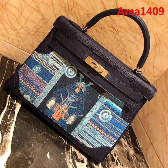 HERMES愛馬仕 凱莉包 kelly 32cm 拼接印花圖案 時尚手提包  Ama1409
