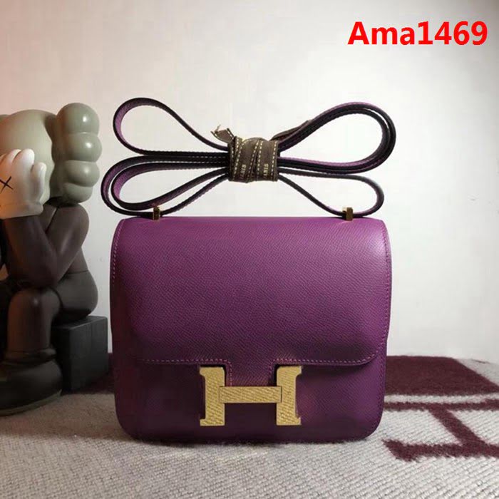 HERMES愛馬仕 空姐包 constance 海葵紫 EPSOM 18cm 金扣扣 銀扣扣 蠟線縫製 單肩斜挎包  Ama1469