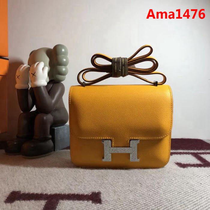 HERMES愛馬仕 空姐包 constance 太陽黃 EPSOM 18cm 銀扣 蠟線縫製 單肩斜挎包  Ama1476
