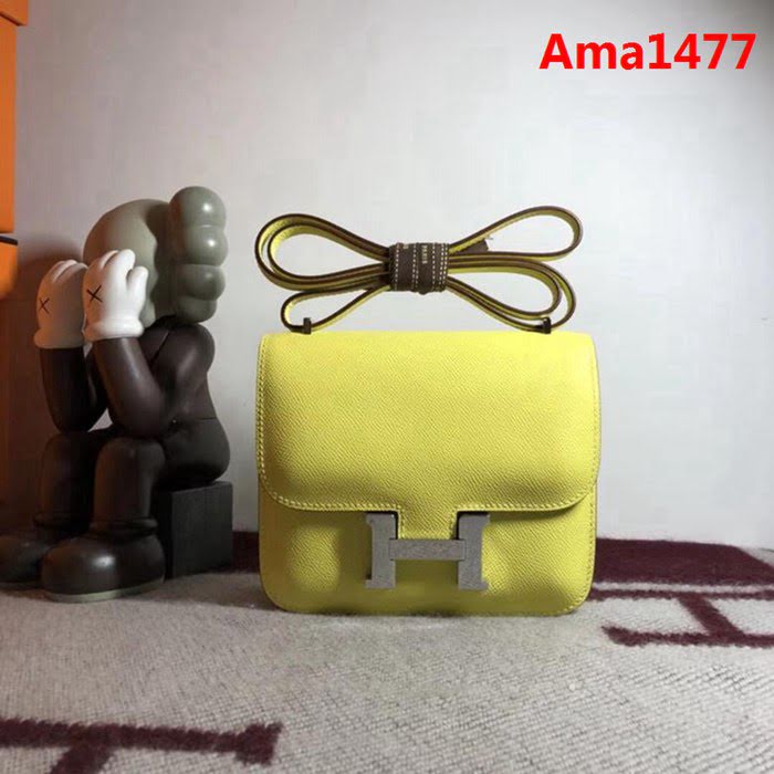 HERMES愛馬仕 空姐包 constance 檸檬黃 EPSOM 18cm 銀扣 蠟線縫製 單肩斜挎包  Ama1477