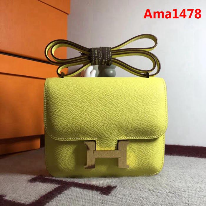HERMES愛馬仕 空姐包 constance 檸檬黃 EPSOM 18cm 金扣 蠟線縫製 單肩斜挎包  Ama1478