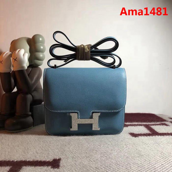 HERMES愛馬仕 空姐包 constance 牛仔藍 EPSOM 18cm 銀扣 蠟線縫製 單肩斜挎包  Ama1481