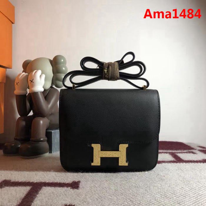HERMES愛馬仕 空姐包 constance 黑 EPSOM 18cm 金扣 蠟線縫製 單肩斜挎包  Ama1484
