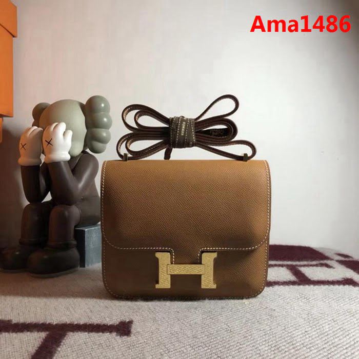 HERMES愛馬仕 空姐包 constance 金扣棕 EPSOM 18cm 金扣 蠟線縫製 單肩斜挎包  Ama1486