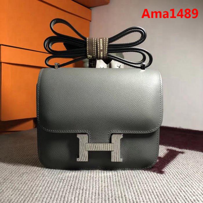 HERMES愛馬仕 空姐包 constance 錫器灰 EPSOM 18cm 銀扣 蠟線縫製 單肩斜挎包  Ama1489