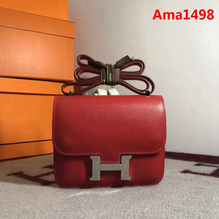 HERMES愛馬仕 空姐包 constance 國旗紅 EPSOM 18cm 銀扣 蠟線縫製 單肩斜挎包  Ama1498