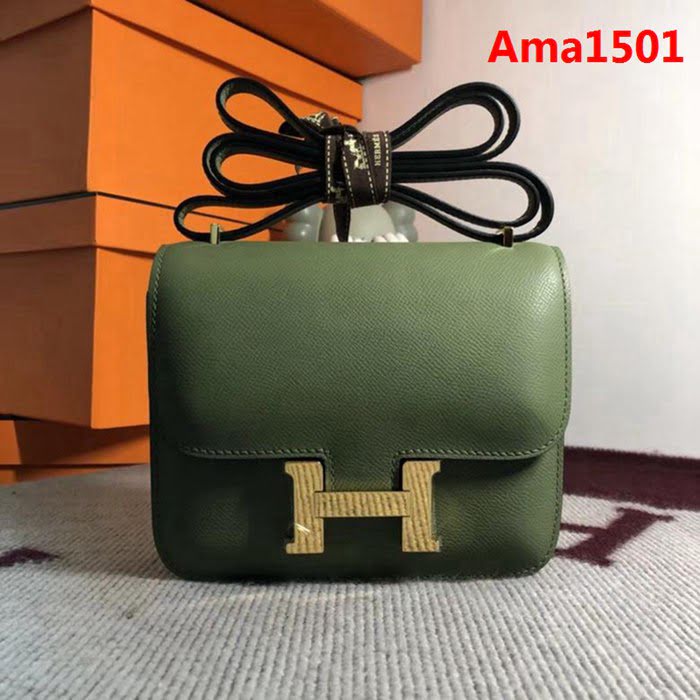 HERMES愛馬仕 空姐包 constance 叢林綠 EPSOM 18cm 金扣 蠟線縫製 單肩斜挎包  Ama1501