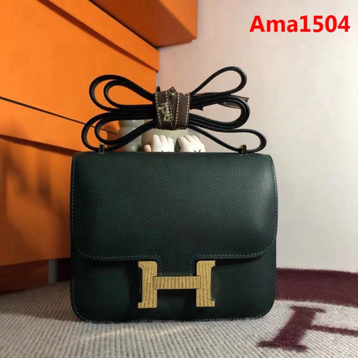 HERMES愛馬仕 空姐包 constance 英國綠 EPSOM 18cm 銀扣 蠟線縫製 單肩斜挎包  Ama1504
