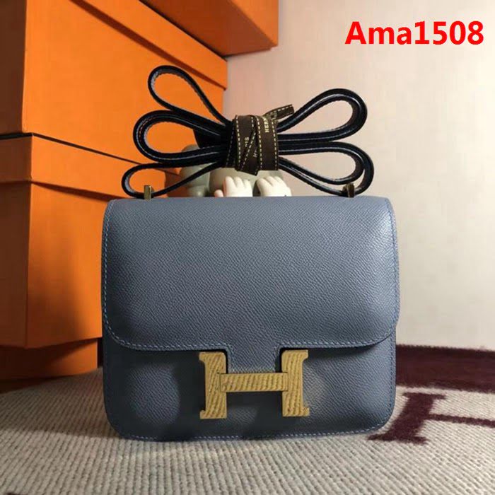 HERMES愛馬仕 空姐包 constance 冰川藍 EPSOM 18cm 金扣 蠟線縫製 單肩斜挎包  Ama1508