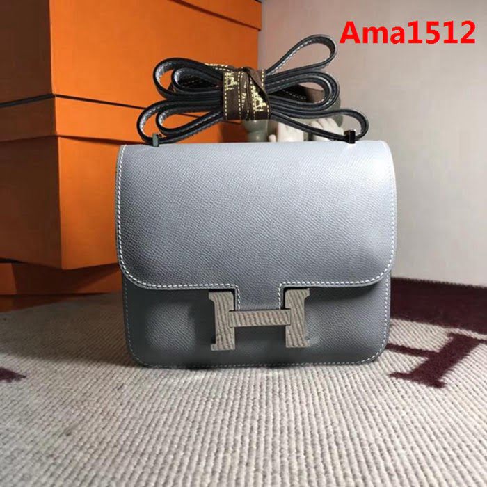 HERMES愛馬仕 空姐包 constance 亞麻藍 EPSOM 18cm 銀扣 蠟線縫製 單肩斜挎包  Ama1512