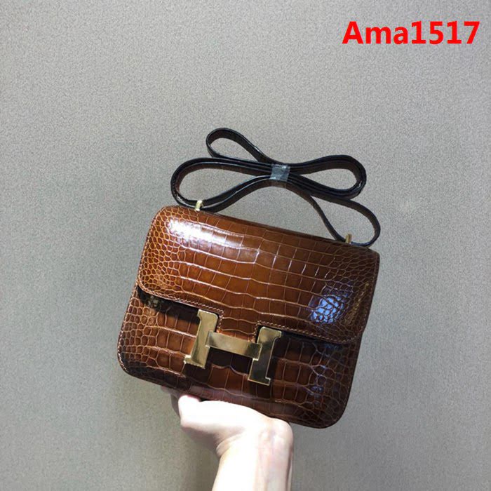 HERMES愛馬仕 康康18cm alligator crocodile 美洲鱷 頂級工藝 蠟線手縫 蜜糖棕 金扣  Ama1517