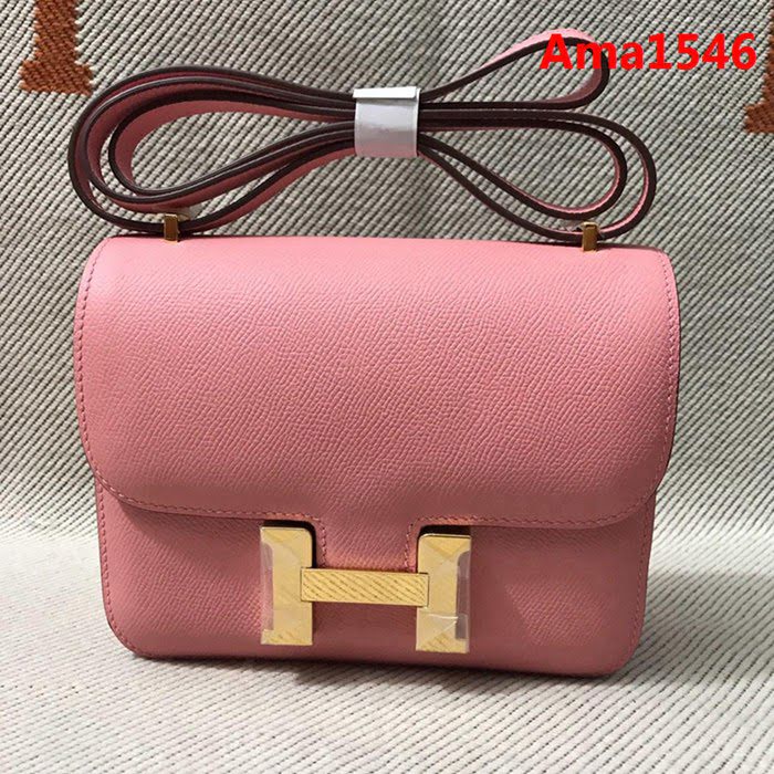 HERMES愛馬仕 H空姐包 進口原廠EP皮 頂級蜜蠟製作 街拍必備單品 奶昔粉金銀 單肩斜挎包  Ama1546