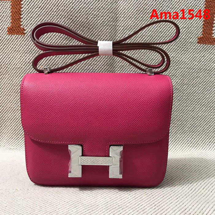 HERMES愛馬仕 H空姐包 進口原廠EP皮 頂級蜜蠟製作 街拍必備單品 玫紅金銀 單肩斜挎包  Ama1548