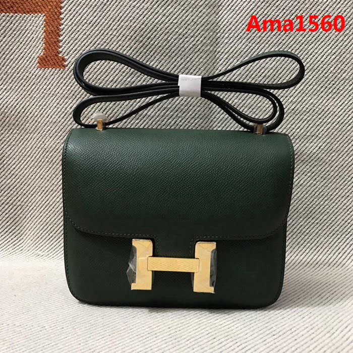 HERMES愛馬仕 H空姐包 進口原廠EP皮 頂級蜜蠟製作 街拍必備單品 祖母綠金銀 單肩斜挎包  Ama1560