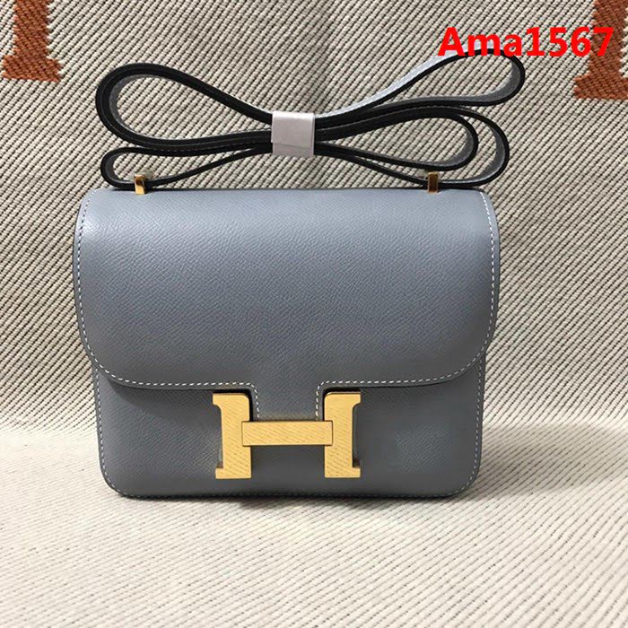 HERMES愛馬仕 H空姐包 進口原廠EP皮 頂級蜜蠟製作 街拍必備單品 亞麻蘭金銀 單肩斜挎包  Ama1567