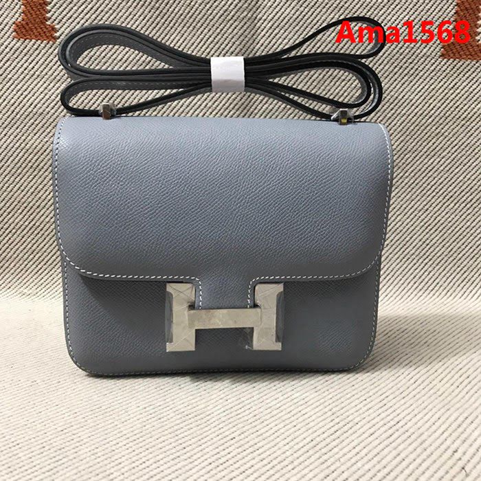 HERMES愛馬仕 H空姐包 進口原廠EP皮 頂級蜜蠟製作 街拍必備單品 亞麻蘭金銀 單肩斜挎包  Ama1568