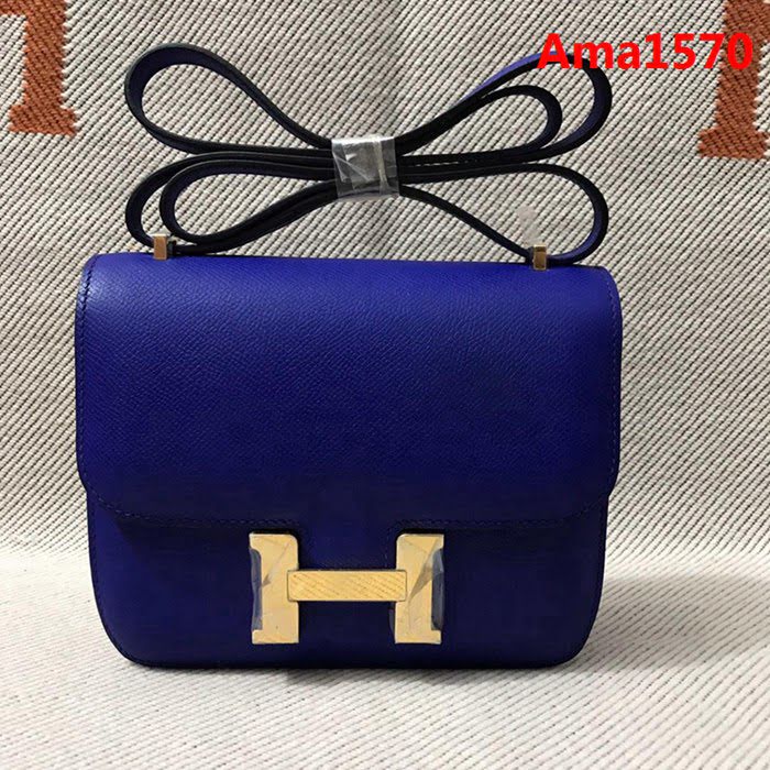 HERMES愛馬仕 H空姐包 進口原廠EP皮 頂級蜜蠟製作 街拍必備單品 電光蘭金銀 單肩斜挎包  Ama1570