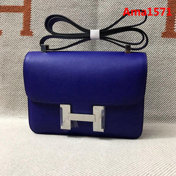 HERMES愛馬仕 H空姐包 進口原廠EP皮 頂級蜜蠟製作 街拍必備單品 電光蘭金銀 單肩斜挎包  Ama1571