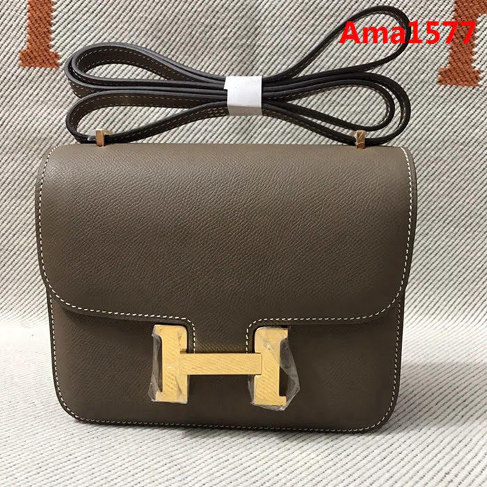 HERMES愛馬仕 H空姐包 進口原廠EP皮 頂級蜜蠟製作 街拍必備單品 土黃金銀 單肩斜挎包  Ama1577