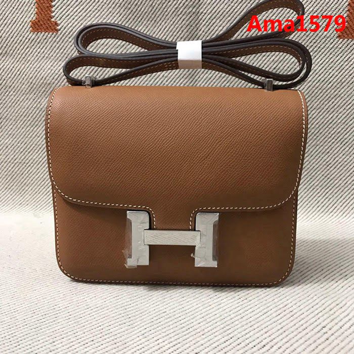 HERMES愛馬仕 H空姐包 進口原廠EP皮 頂級蜜蠟製作 街拍必備單品 土黃金銀 單肩斜挎包  Ama1579