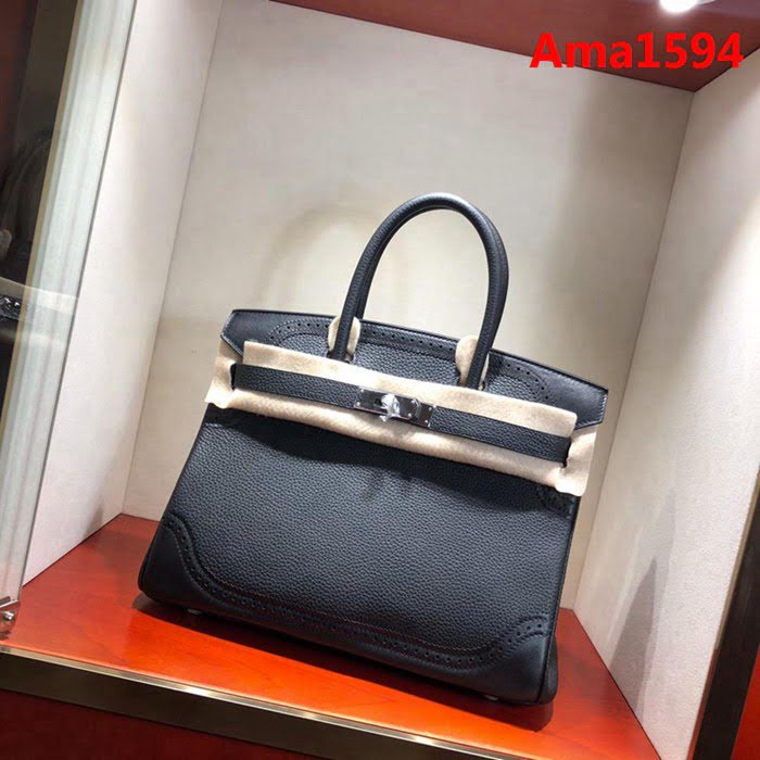 HERMES愛馬仕 鉑金包 Birkin Ghillies 30Cm Swif拼Tc 89 Noir 黑色 銀扣 頂級工藝 手縫蠟線 時尚手提包  Ama1594