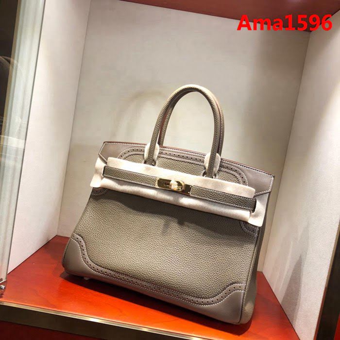 HERMES愛馬仕 鉑金包 Birkin Ghillies 30Cm Swif拼Tc 18 Etoupe 大象灰 銀扣 頂級工藝 手縫蠟線 時尚手提包  Ama1596