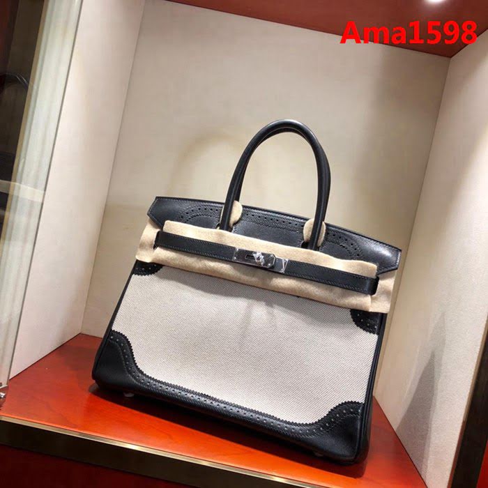 HERMES愛馬仕 鉑金包 Birkin Ghillies 30Cm Swif拼Tc 89 Noir 黑色 銀扣 頂級工藝 手縫蠟線 時尚手提包  Ama1598