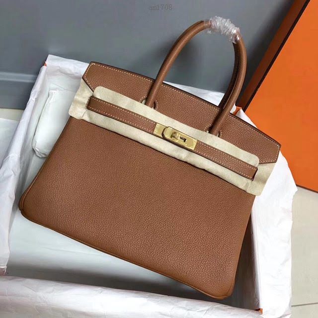 Hermes女包 愛馬仕Birkin Hermes鉑金包 togo小牛皮 金棕色 蠟線半手工縫製  am1708