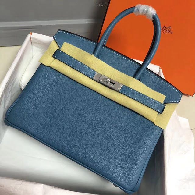 Hermes女包 愛馬仕Birkin Hermes鉑金包 togo小牛皮 牛仔藍 蠟線半手工縫製  am1709