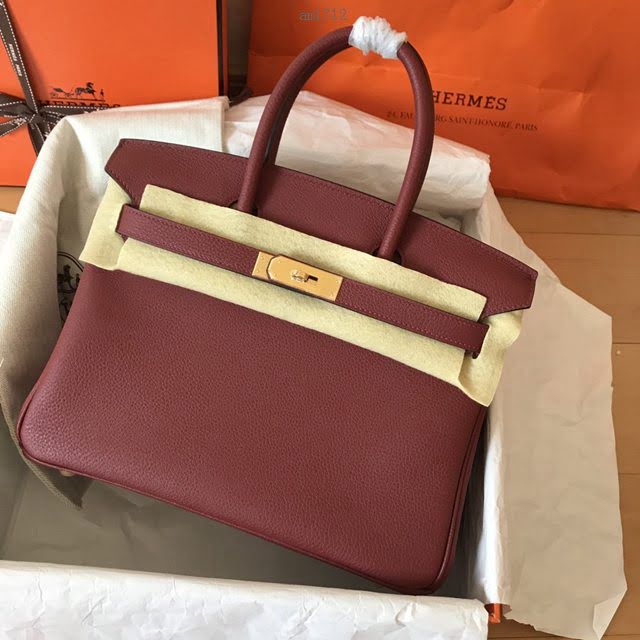 Hermes女包 愛馬仕Birkin Hermes鉑金包 togo小牛皮 酒紅 蠟線半手工縫製  am1712