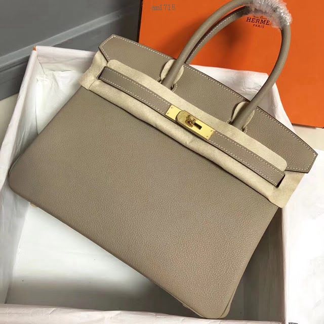 Hermes女包 愛馬仕Birkin Hermes鉑金包 togo小牛皮 淺灰 蠟線半手工縫製  am1715